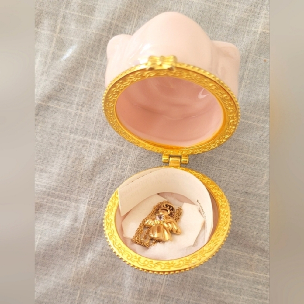 Avon Angelic Celtic Necklace in Mary Kay Ceramic Pink Rose Trinket Box